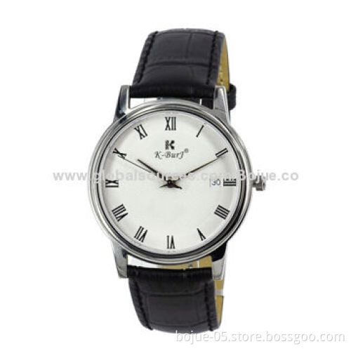 Leather Wristwatch, Silver Color Case, with 2-year Warranty, Mechanical Movement